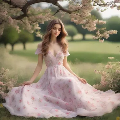 The photoshoot in the countryside captured the model in an idyll, wearing a flowing dress surrounded by blooming flowers.