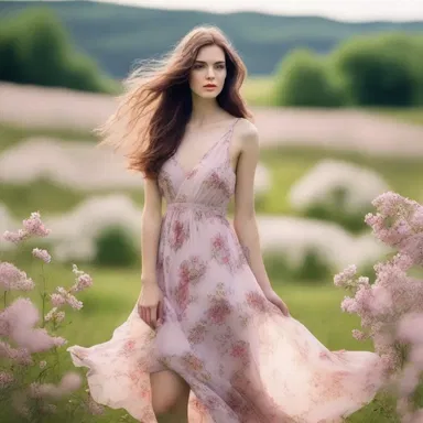 The photoshoot in the countryside captured the model in an idyll, wearing a flowing dress surrounded by blooming flowers.