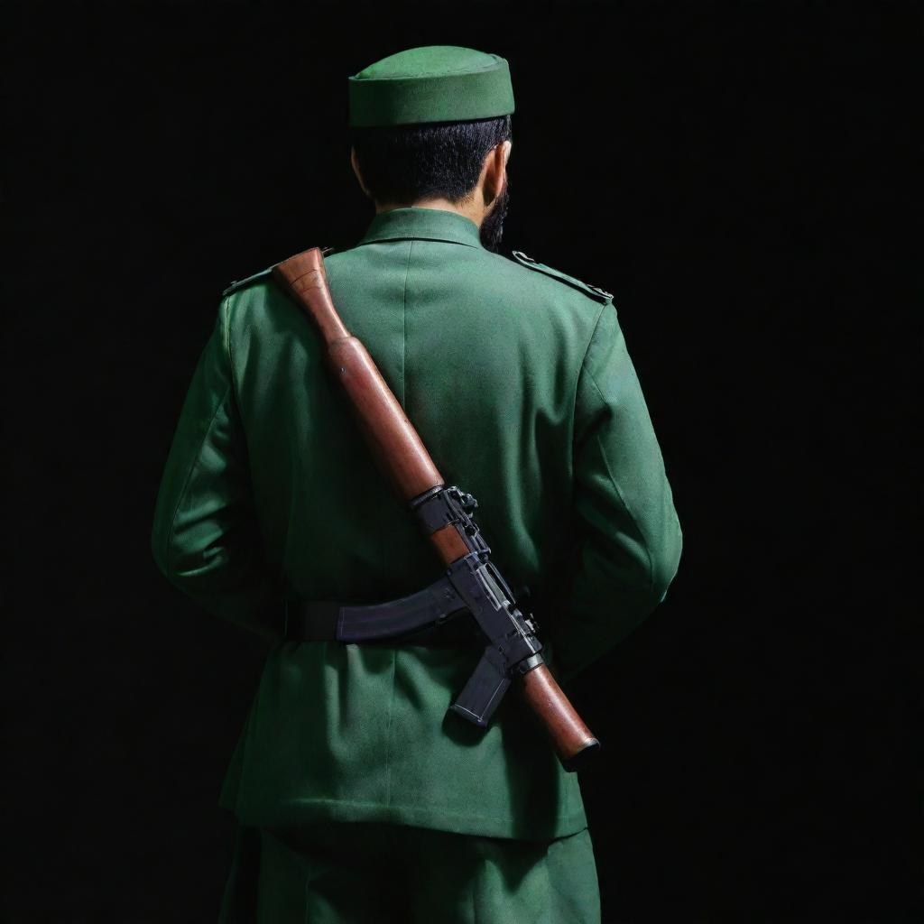 A back view of an IRGC guard, donned in a jade green military uniform, set against a dark and gloomy background with dark shadows all around. In his hands, he is securely holding a mini Kalashnikov rifle.