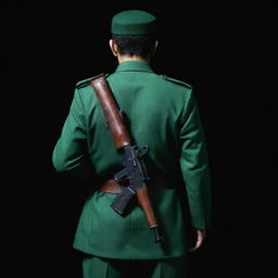 A back view of an IRGC guard, donned in a jade green military uniform, set against a dark and gloomy background with dark shadows all around. In his hands, he is securely holding a mini Kalashnikov rifle.