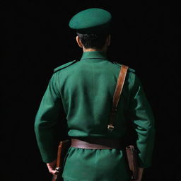 A back view of an IRGC guard, donned in a jade green military uniform, set against a dark and gloomy background with dark shadows all around. In his hands, he is securely holding a mini Kalashnikov rifle.