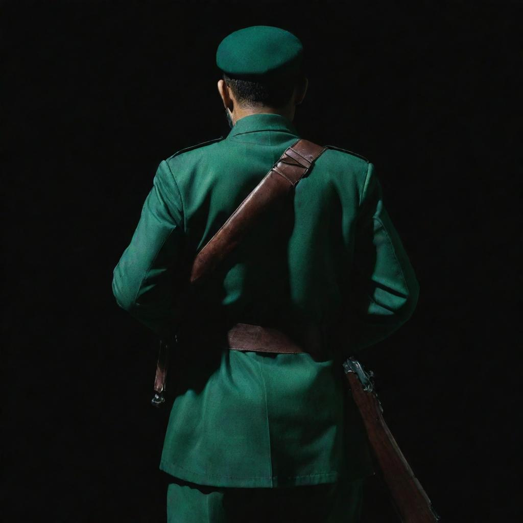 A back view of an IRGC guard, donned in a jade green military uniform, set against a dark and gloomy background with dark shadows all around. In his hands, he is securely holding a mini Kalashnikov rifle.