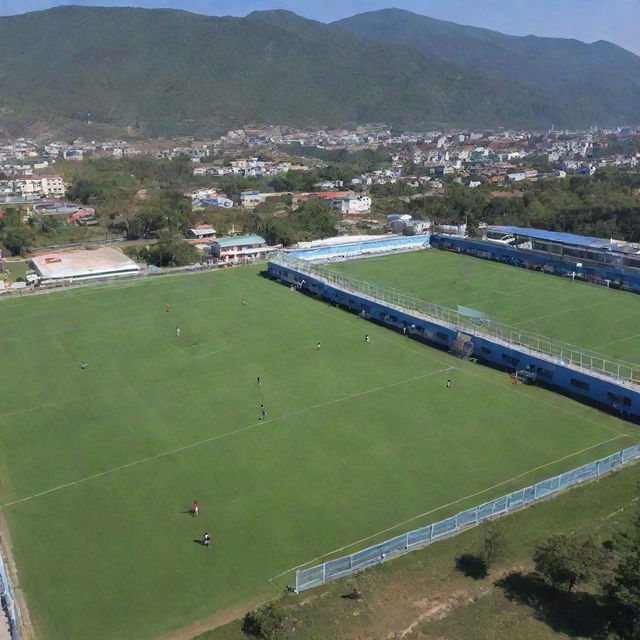 A picturesque view of Dungsam Football Academy; green football fields, students in sporty attire, coaching staff and training sessions in full effect under a clear blue sky.