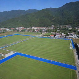 A picturesque view of Dungsam Football Academy; green football fields, students in sporty attire, coaching staff and training sessions in full effect under a clear blue sky.