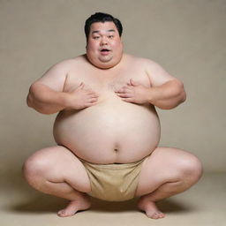 A plump man in the process of putting on a sumo-inspired loincloth, highlighting his cheeky humor and confident demeanor