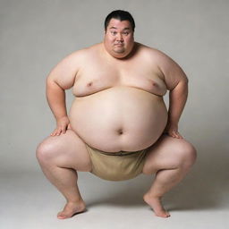 A plump man in the process of putting on a sumo-inspired loincloth, highlighting his cheeky humor and confident demeanor