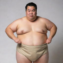 A plump man in the process of putting on a sumo-inspired loincloth, highlighting his cheeky humor and confident demeanor