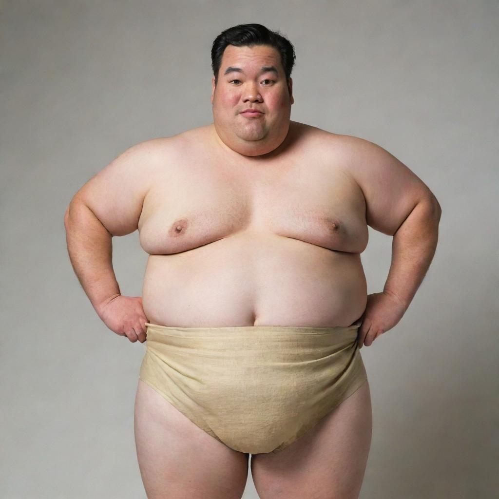 A plump man in the process of putting on a sumo-inspired loincloth, highlighting his cheeky humor and confident demeanor