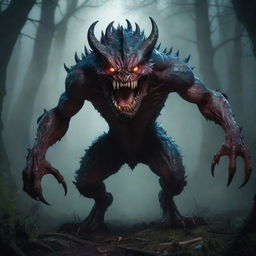 A mysterious and intimidating monster, full of detail and color, with sharp teeth, large claws, and glowing eyes, looming in a spooky environment.