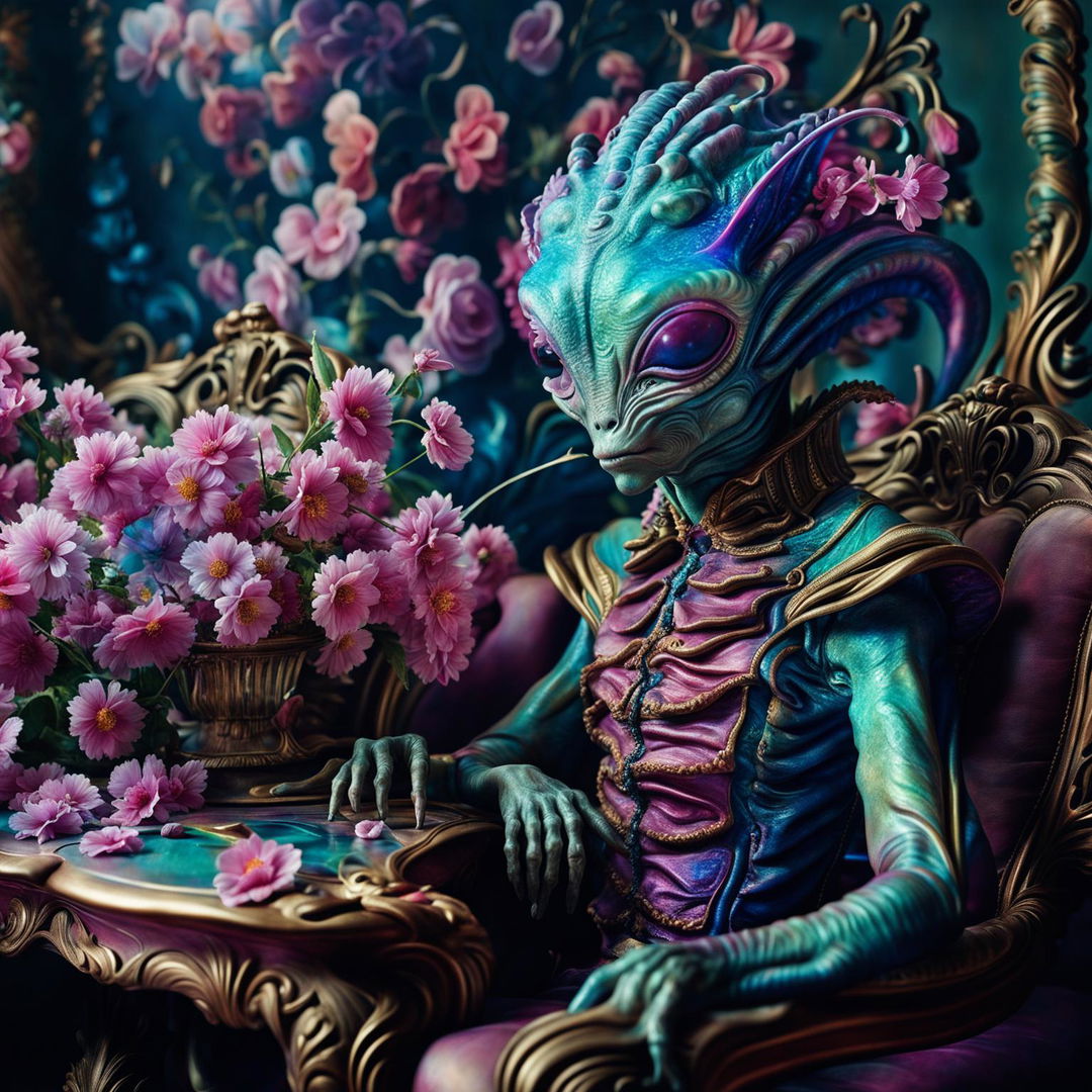 Hyper-realistic 3D Rococo photography of an intelligent, vibrantly coloured alien in a flower-filled setting. Close-up, high-definition image with a fantasy aesthetic.