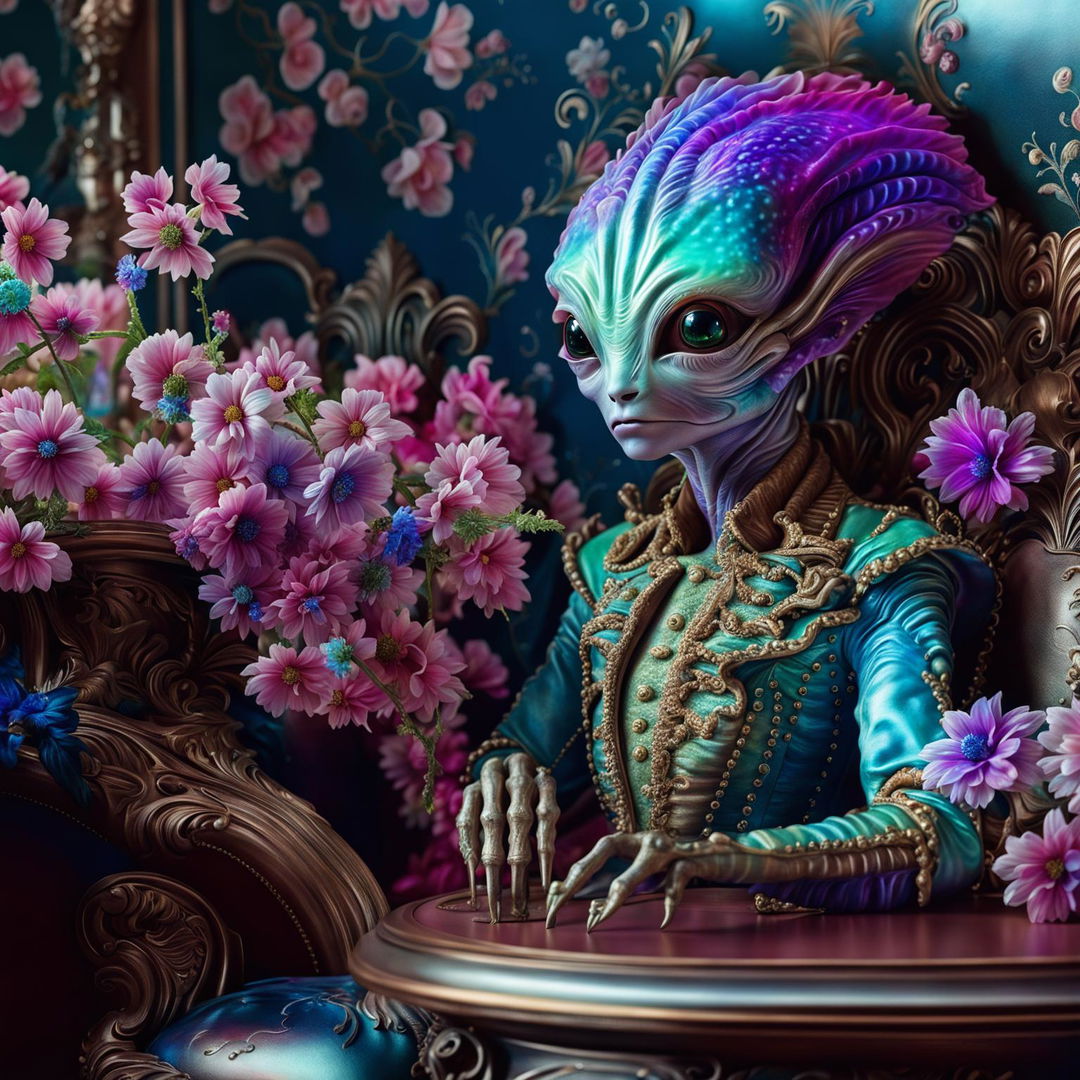 Hyper-realistic 3D Rococo photography featuring an intelligent, vibrantly coloured alien in a flower-filled setting. Close-up, high-definition image with a fantasy aesthetic.