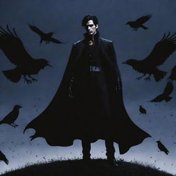 High-definition anime styled Prince of Darkness posing gallantly, with a backdrop featuring a murder of crows flying against a dark sky