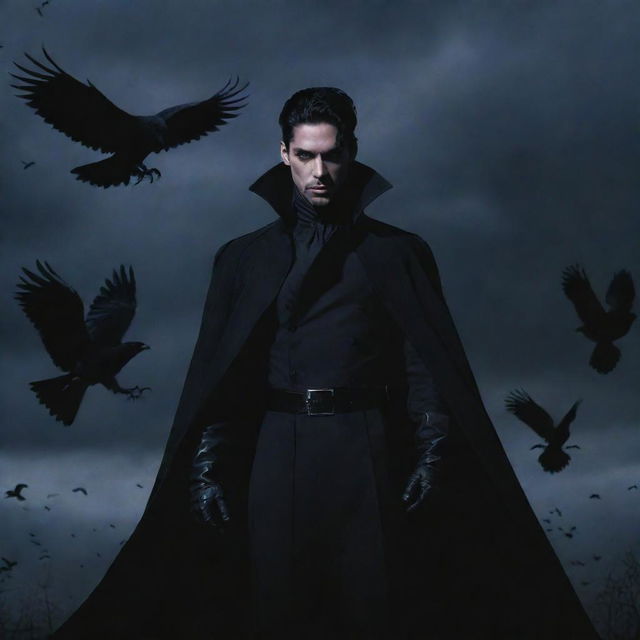 High-definition anime styled Prince of Darkness posing gallantly, with a backdrop featuring a murder of crows flying against a dark sky