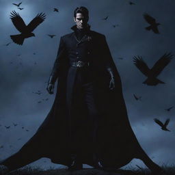 High-definition anime styled Prince of Darkness posing gallantly, with a backdrop featuring a murder of crows flying against a dark sky