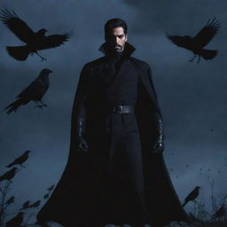 High-definition anime styled Prince of Darkness posing gallantly, with a backdrop featuring a murder of crows flying against a dark sky