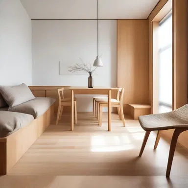 The minimalist apartment featured unstained wooden furniture, giving it a clean and natural aesthetic.