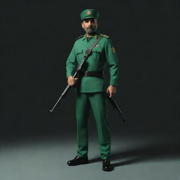 A 3D image of an IRGC guard dressed in a jade green military uniform, standing in a dimly lit security setting, holding a miniature Kalashnikov rifle.