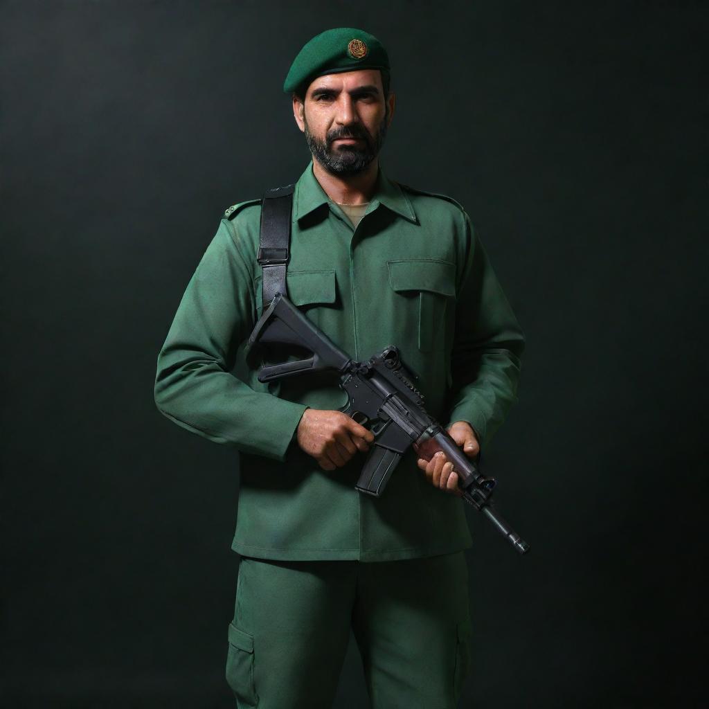 A 3D image of an IRGC guard dressed in a jade green military uniform, standing in a dimly lit security setting, holding a miniature Kalashnikov rifle.