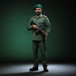 A 3D image of an IRGC guard dressed in a jade green military uniform, standing in a dimly lit security setting, holding a miniature Kalashnikov rifle.