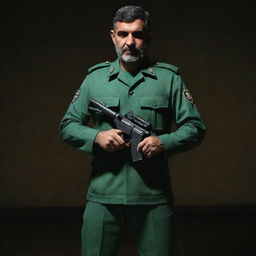 A 3D image of an IRGC guard dressed in a jade green military uniform, standing in a dimly lit security setting, holding a miniature Kalashnikov rifle.