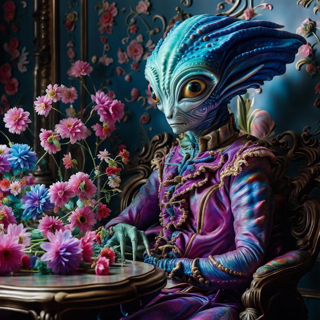 Hyper-realistic 3D Rococo photography of an intelligent, vibrantly coloured alien in a flower-filled setting. Close-up, high-definition image with a fantasy aesthetic.