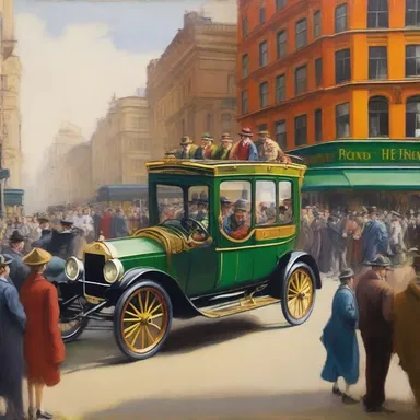 The painting depicted a vibrant charabanc filled with passengers, capturing the energy and movement of the bustling city.