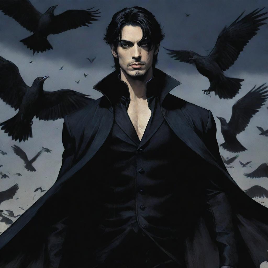 High-definition manga-styled Prince of Darkness, handsome and dominating, with a background bustling with crows in flight against a dark sky