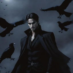 High-definition manga-styled Prince of Darkness, handsome and dominating, with a background bustling with crows in flight against a dark sky