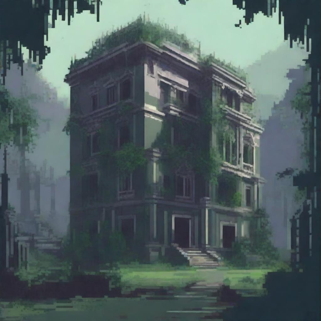 A captivating, low fidelity digital artwork that showcases an eerie insane asylum, set against the backdrop of a dense and wild jungle