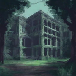 A captivating, low fidelity digital artwork that showcases an eerie insane asylum, set against the backdrop of a dense and wild jungle