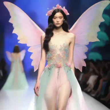 The fashion runway showcased an ethereal collection inspired by the colors and whimsy of the enchanting faerie domain.