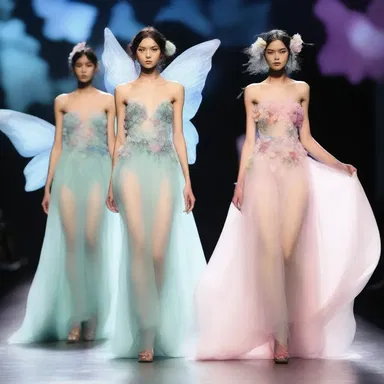 The fashion runway showcased an ethereal collection inspired by the colors and whimsy of the enchanting faerie domain.