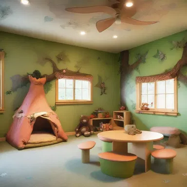 The architect incorporated a faerie theme into the design of the children's playroom by using whimsical elements and imagery.