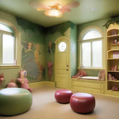 The architect incorporated a faerie theme into the design of the children's playroom by using whimsical elements and imagery.