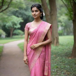 Elegant woman gracefully draped in a pink saree, standing amidst the lush greenery of a park.