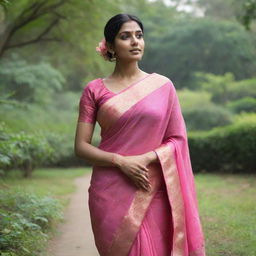 Elegant woman gracefully draped in a pink saree, standing amidst the lush greenery of a park.