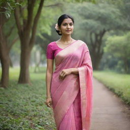 Elegant woman gracefully draped in a pink saree, standing amidst the lush greenery of a park.