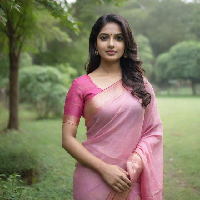 Elegant woman gracefully draped in a pink saree, standing amidst the lush greenery of a park.