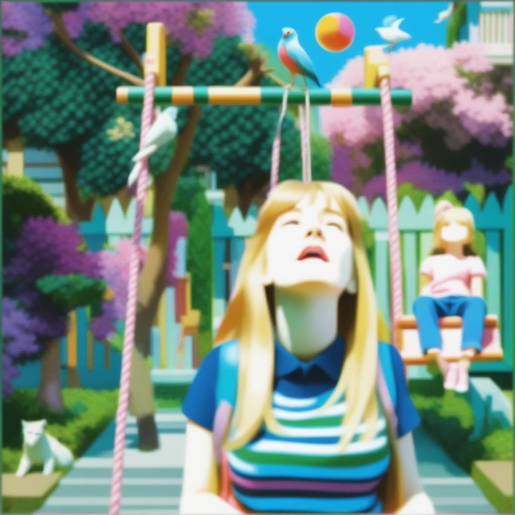 An eye-catching, low fidelity digital art piece that features a girl standing on a swing, now rendered in bright, pink-based colors