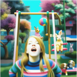 An eye-catching, low fidelity digital art piece that features a girl standing on a swing, now rendered in bright, pink-based colors