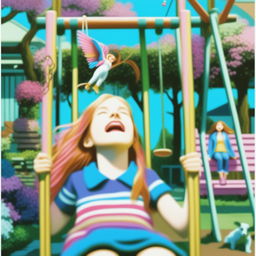 An eye-catching, low fidelity digital art piece that features a girl standing on a swing, now rendered in bright, pink-based colors