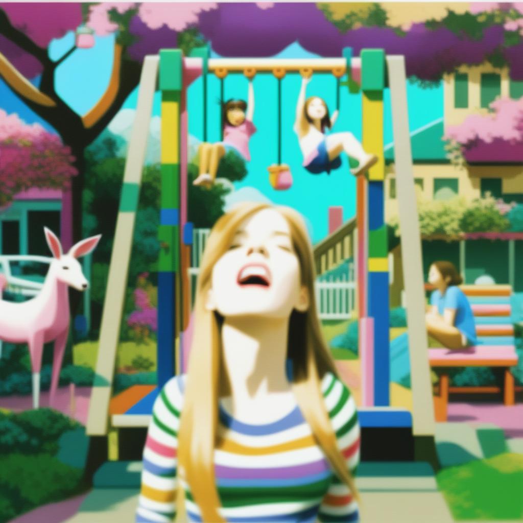 An eye-catching, low fidelity digital art piece that features a girl standing on a swing, now rendered in bright, pink-based colors