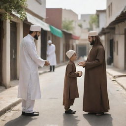 A heartwarming scene of a Muslim individual generously giving charity to a needy person, both depicted in traditional Islamic attire, set in a peaceful neighborhood scene.