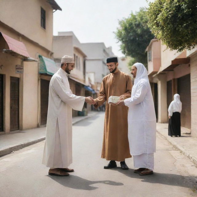 A heartwarming scene of a Muslim individual generously giving charity to a needy person, both depicted in traditional Islamic attire, set in a peaceful neighborhood scene.