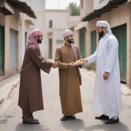 A heartwarming scene of a Muslim individual generously giving charity to a needy person, both depicted in traditional Islamic attire, set in a peaceful neighborhood scene.