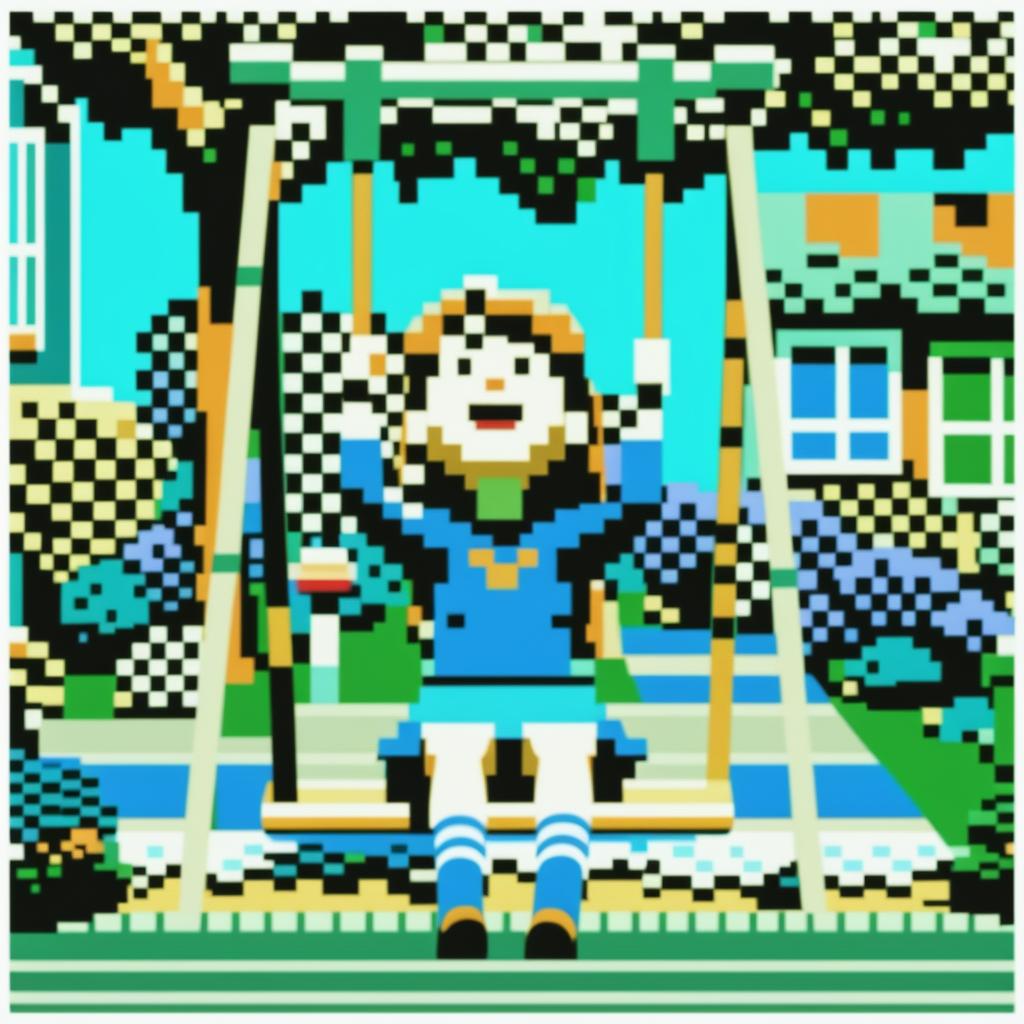 A charming, low fidelity digital cartoon that depicts a girl standing on a swing