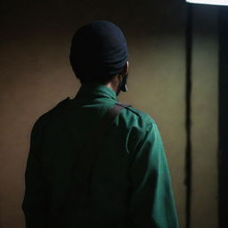 A 18-year-old faceless IRGC security guard in rear view, wearing a jade green military uniform. He lurks in a dimly lit secure environment, his silhouette dark against a shadowy background, and is equipped with a mini Kalashnikov rifle.