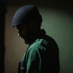 A 18-year-old faceless IRGC security guard in rear view, wearing a jade green military uniform. He lurks in a dimly lit secure environment, his silhouette dark against a shadowy background, and is equipped with a mini Kalashnikov rifle.