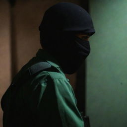 A 18-year-old faceless IRGC security guard in rear view, wearing a jade green military uniform. He lurks in a dimly lit secure environment, his silhouette dark against a shadowy background, and is equipped with a mini Kalashnikov rifle.