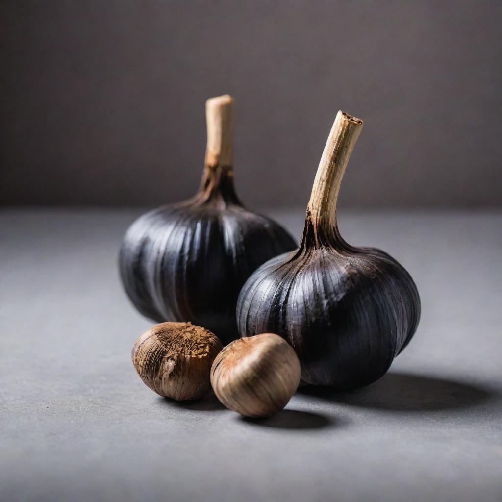 A photogenic, high-quality image of black garlic, styled aesthetically to enhance its unique characteristics and appeal, possibly with a muted, neutral background to let the product stand out.